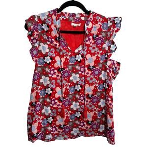 Jade Melody Tam Women's Red Retro Floral Ruffle Sleeve Tassel Top Size Medium